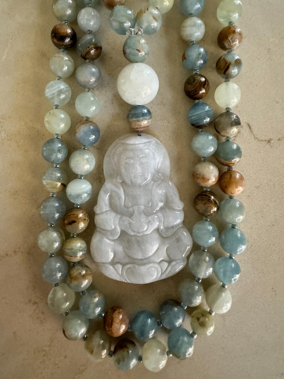 108 Beads Argentinian Lemurian Aquatine Calcite and Jade Mala Beads/Prayer Beads