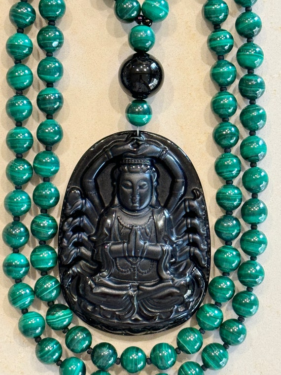 Malachite and Obsidian Mala