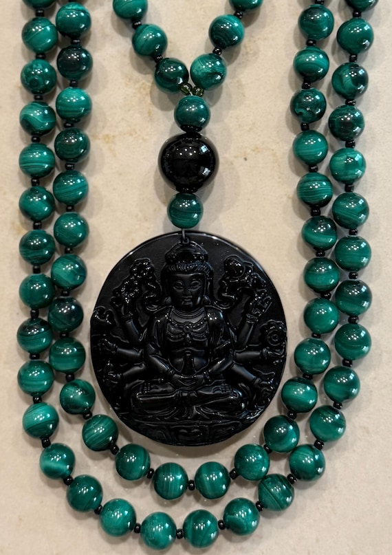 Malachite and Obsidian Mala