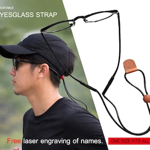 Adjustable Eyeglass Strap for Sports, Anti-Slip Glasses Holder, Running & Outdoor Eyewear Cord, Free engraved leather tag