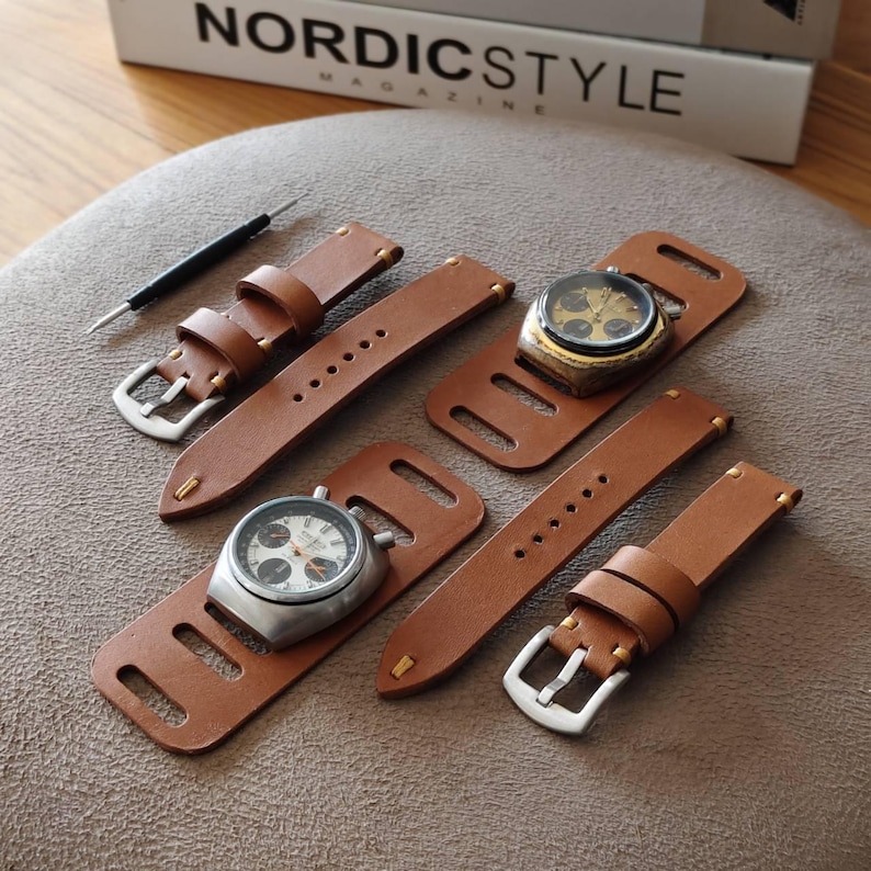 Vintage Leather Full Bund Watch Strap – Padded Cuff Pilot Style image 4