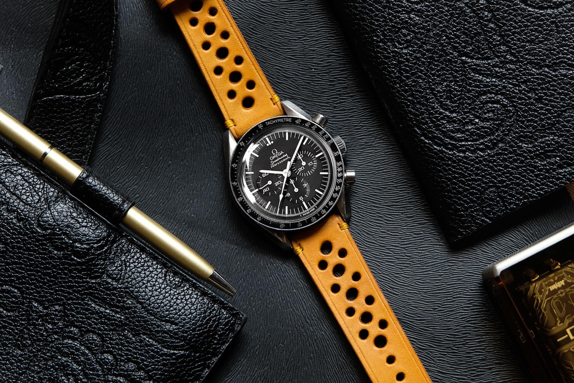 Chronograph Rally Strap Yellow Rally Leather Watch Strap | Vintage Racing Style Chronograph ...