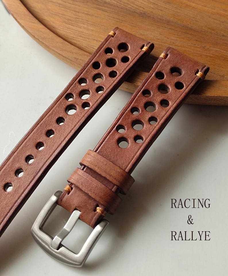 Steel Rally Watch Strap Tan Brown Leather Rally Watch Strap | Vintage Racing Style Chronograph ...