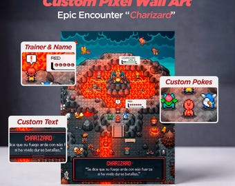 Charizard Custom Art Poster, Pokemon Pixel Wall Art Print, Personalized Trainer Name Gift for Friends and Individuals, Couple Portrait