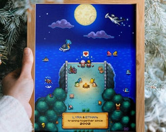 Custom Pokémon Couple Poster Gift, Personalized Names & Date, Choose Your Creatures