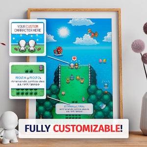 PERSONALISIERTES Pokémon-Portrait – Love Day Pixel Art Poster – Geschenk für Pokémon-Fans, Valentinstag, Weihnachten, Geburtstag, Jahrestag