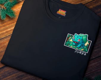 Bulbasaur Pixel Art Black Shirt • Gamer Anime Gift • 100% Cotton Lightweight Tee