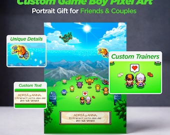 Pixel Portrait Wall Art for Friends and Couples, Pokémon Game Boy Style Print, Nostalgia Gift