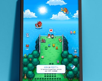 Personalised Couple Pixel Portrait, Custom Pokemon Retro Gaming Scene