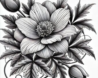Può includere: Un disegno in bianco e nero di un singolo fiore di anemone con più foglie. Il fiore è in piena fioritura e ha un design delicato e intricato.