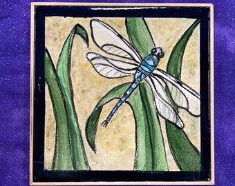 Dragonfly~ trivet 6” hand painted ceramic tile. Wood trim
