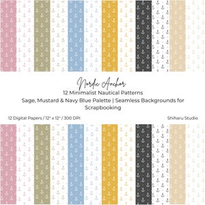 Puede incluir: Doce papeles digitales con patrones náuticos minimalistas. Los papeles presentan anclas sobre fondos en tonos rosa, salvia, azul, mostaza y marino. El texto dice "Nordic Anchor" y "Seamless Backgrounds for Scrapbooking". Cada papel mide 30 x 30 cm.
