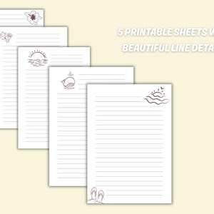 Puede incluir: Cinco hojas imprimibles de papel rayado con ilustraciones de temática playera en las esquinas. Las ilustraciones incluyen una flor, una estrella de mar, un sol, una ballena y chanclas. El texto dice "5 hojas imprimibles con hermosos detalles de línea."