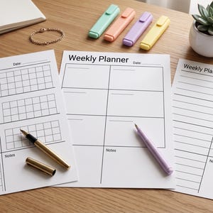 Puede incluir: Un escritorio de madera muestra un planificador semanal, bolígrafos y resaltadores. Las hojas del planificador son blancas con líneas de cuadrícula negras y el texto "Weekly Planner". Resaltadores pastel en verde, naranja, morado y amarillo están dispuestos en el escritorio. También hay una planta suculenta en una maceta blanca.
