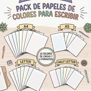 Puede incluir: Un paquete de papeles de escritura a color con líneas, en tamaños A4, A5, Letter y Half Letter. La imagen muestra pilas de papel en varios colores pastel, con texto que dice "¡Organízate con color!" y "¡8 colores de líneas y 4 formatos!"