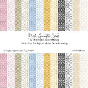Puede incluir: Doce papeles digitales con patrones geométricos minimalistas de círculos en tonos rosa, verde, azul, dorado, negro y beige. Los papeles miden 30,48 cm x 30,48 cm y son ideales para scrapbooking.