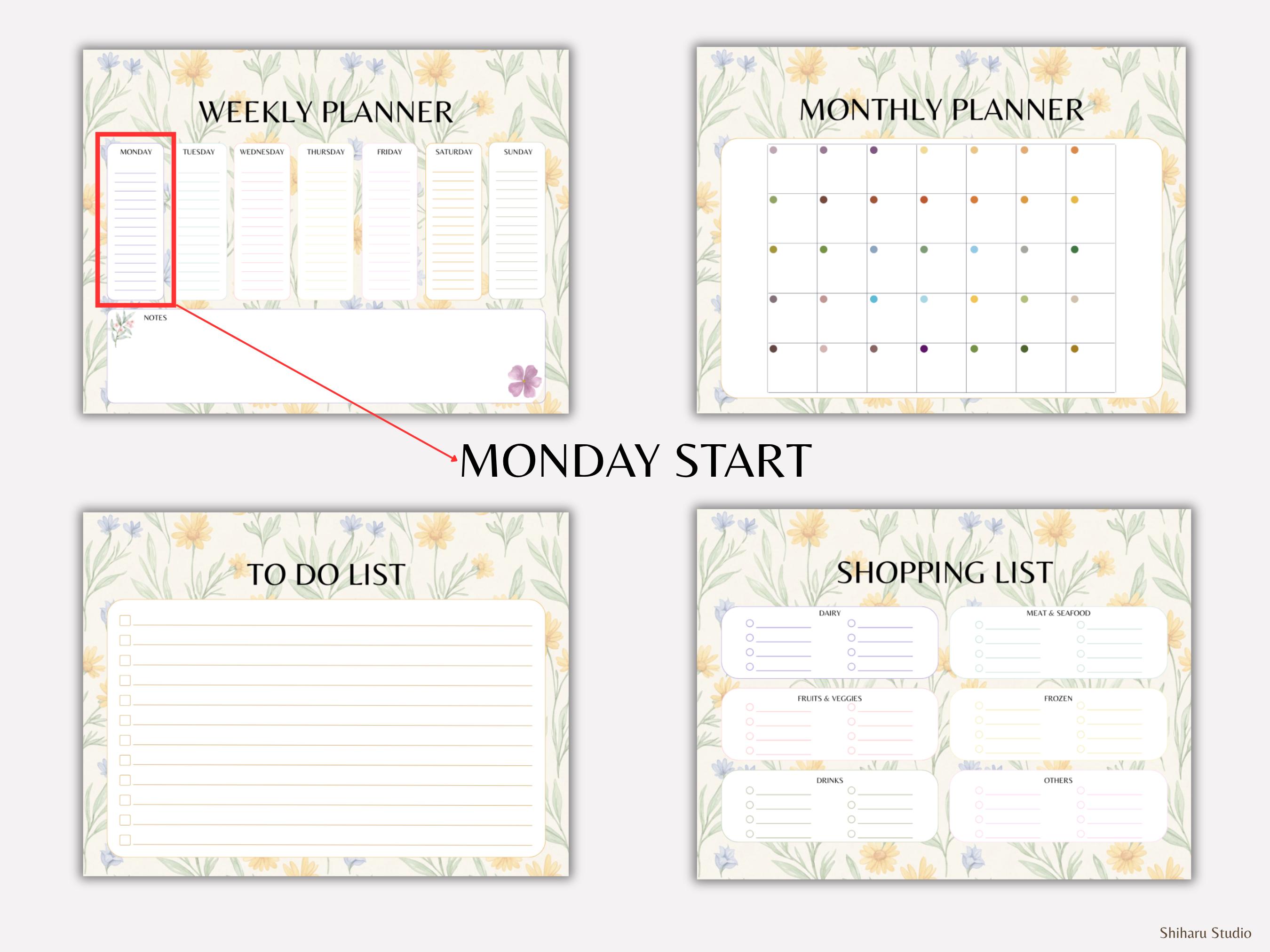 Botanical Weekly Planner Bundle A4 Desktop Organizer Monday Sunday ...