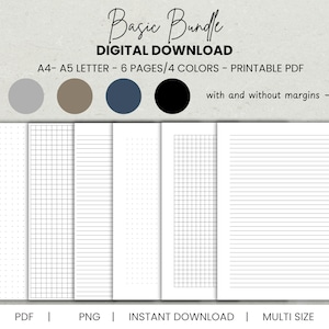 Puede incluir: Descarga digital de un Basic Bundle con tamaño A4-A5, 6 páginas y 4 colores. El PDF imprimible incluye páginas con puntos, cuadrículas y papel rayado, con y sin márgenes. También incluye el texto "DIGITAL DOWNLOAD".