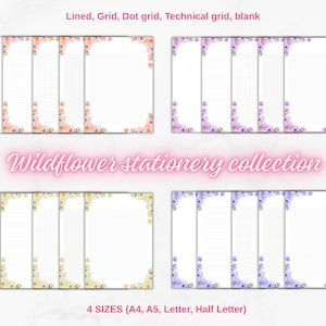 Wildflower Printable Stationery Bundle • 4 Colors Papelería Floral Imprimible • A4 A5 Letter Half • Lined Grid Dot Blank • Journal Inserts