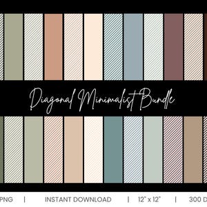 Puede incluir: Un conjunto de arte digital con paneles rectangulares en tonos neutros, verdes, beige y marrones. Cada panel tiene un patrón de rayas diagonales. El texto "Diagonal Minimalist Bundle" está escrito en cursiva. Dimensiones: 30,48 cm x 30,48 cm.