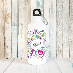 Personalized Kids Water Bottle Personalized Girl Gifts, Personalized Water Bottle with Name, Doodle Art Water Bottle Girls, 20 oz Aluminum image 1