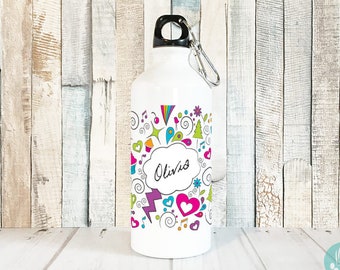 Personalized Kids Water Bottle Personalized Girl Gifts, Personalized Water Bottle with Name, Doodle Art Water Bottle Girls, 20 oz Aluminum