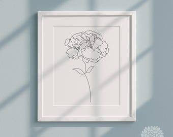 Botanische lijnkunstafdruk | Anjer | Digitale muurkunst, minimalistische planttekening, florale lijntekeningen, moderne tekening bloem direct downloaden