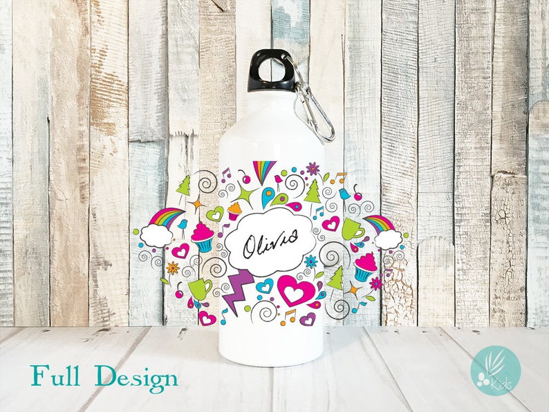 Personalized Kids Water Bottle Personalized Girl Gifts, Personalized Water Bottle with Name, Doodle Art Water Bottle Girls, 20 oz Aluminum image 2