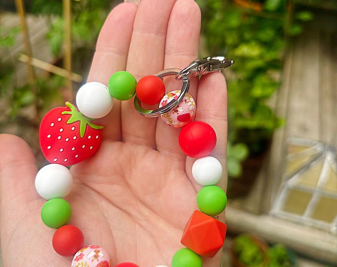 Strawberry wristlet keychain-with option to add lobster clip for easy attachement/removal