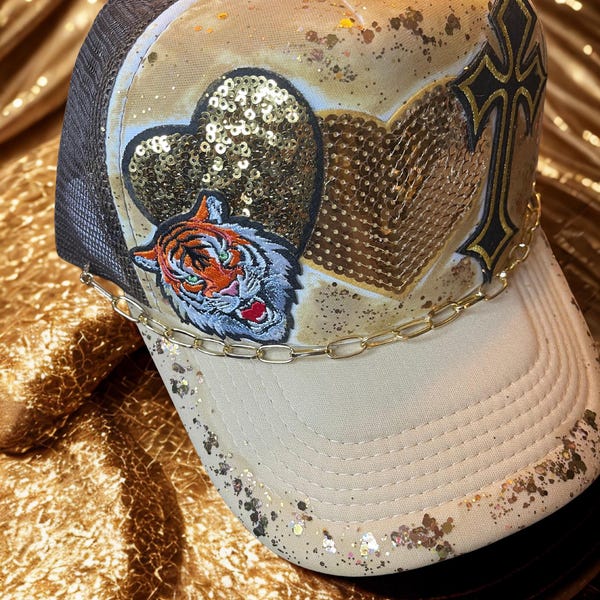 Hand-Painted Gold Glitter Tiger Cross Hat – Faithwear