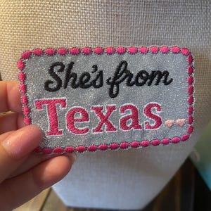 She’s From Texas  Iron on Patch for Hats- Silver Glitter and Pink