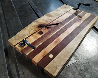 Live Edge Figured Hard Maple Serving Board with Hand Forged Iron Handles - Sustainably harvested native hardwoods