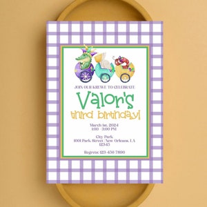 Plantilla Corjl personalizable / Invitación a fiesta de cumpleaños de Mardi Gras / Krewe del desfile / Caimán / Cangrejo de río / Pelícano / Luisiana