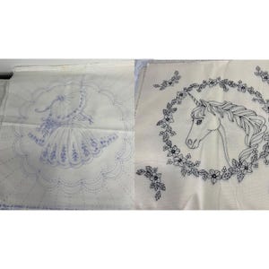 Vtg Stamped Embroidery Patterns Blocks Pre Printed 6 Parasol Lady and 11 Unicorn