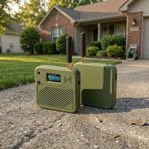 May include: Two olive green electronic devices with black antennas are displayed on a concrete surface. The device on the left has the word "HELTEC" in blue on the screen. The devices are rectangular with rounded corners.