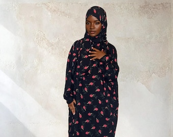 Floral Prayer Abaya Dress with Attached Hijab, Islamic Jilbab Gown