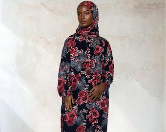 Floral Prayer Dress Abaya with Attached Hijab: Islamic Jilbab Gown