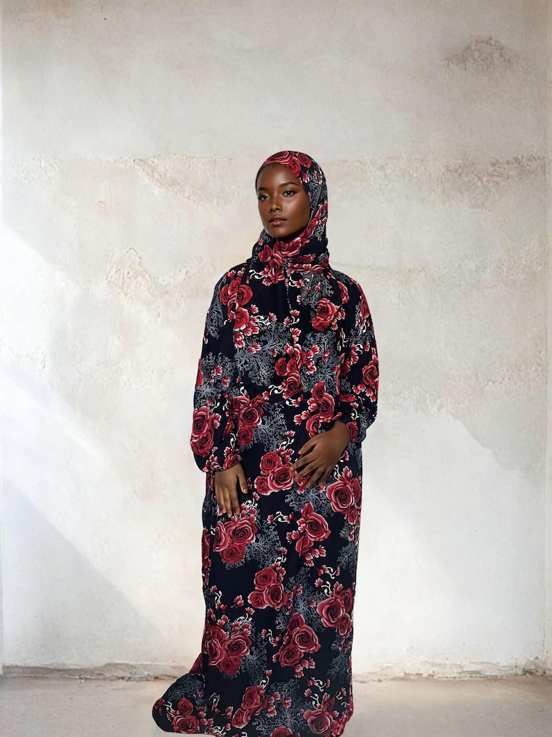 Floral Prayer Dress Abaya with Attached Hijab: Islamic Jilbab Gown image 1