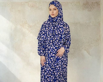 Floral Prayer Abaya Dress with Attached Hijab