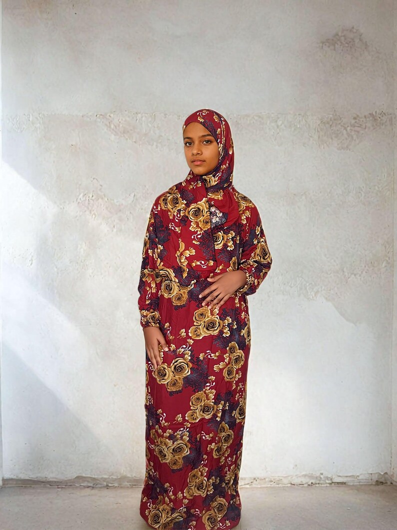 Floral Prayer Dress Abaya with Attached Hijab: Islamic Jilbab Gown image 9