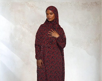 Floral Prayer Abaya Dress with Attached Hijab, Islamic Jilbab