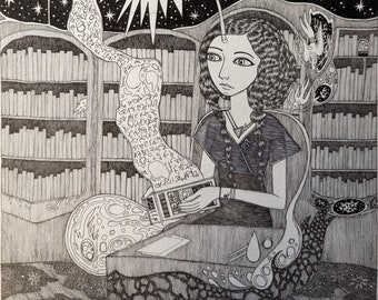 Original Drawing-"Studying In The Library". 2021.