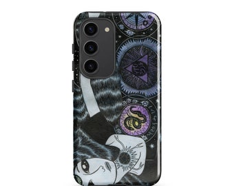 May include: A black phone case with a colorful, psychedelic design featuring a woman's face, geometric shapes, and stars.