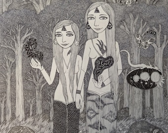 Original Drawing-"Two Girls Taking A Walk At Night"