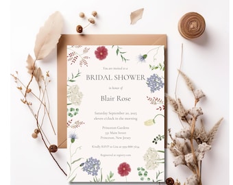 Invitación de despedida de soltera con flores silvestres / El amor está en flor / Invitación elegante / Plantilla de Canva