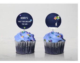 Adornos para cupcakes con el primer viaje alrededor del sol / Plantilla imprimible para fiesta del espacio exterior / Fiesta del primer cumpleaños / Descarga instantánea de Canva
