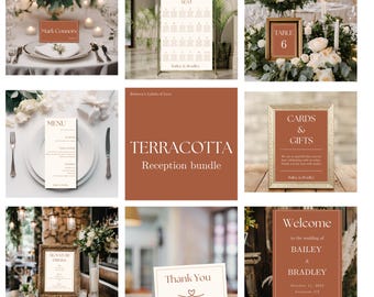 Könnte beinhalten: Ein Terracotta-Empfangspaket für Hochzeiten mit verschiedenen Schildern, darunter ein Sitzplan, eine Tischnummer, eine Speisekarte, ein Willkommensschild und ein Karten- und Geschenkschild. Enthält auch Tischkarten und eine Dankeskarte.