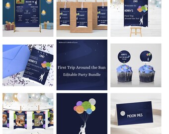 Paquete de fiesta del primer viaje alrededor del sol / Decoraciones para fiesta de cumpleaños en el espacio exterior / Fiesta del primer cumpleaños / Tema de Canva - Descarga instantánea