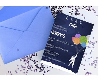 Invitación de cumpleaños para el primer viaje alrededor del sol / Fiesta temática del espacio exterior / Fiesta del primer cumpleaños / Plantilla Canva - Descarga instantánea