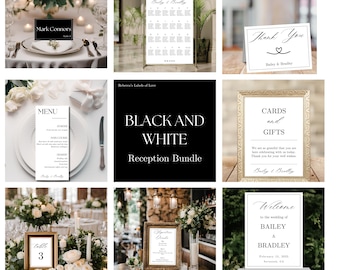 Elegante conjunto de señalización para bodas en blanco y negro: Decoración minimalista para recepción (plantillas editables, descarga digital)